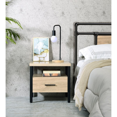 Table avec aspect chêne et noir, pieds en métal, 1 tiroir et espace ouvert, pieds, unité de compartiment