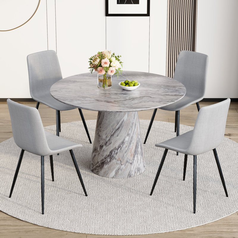 45'' Round Dining Table Set With 4/6 Upholstered Chairs, 5 Pieces: Table, 4 Chairs