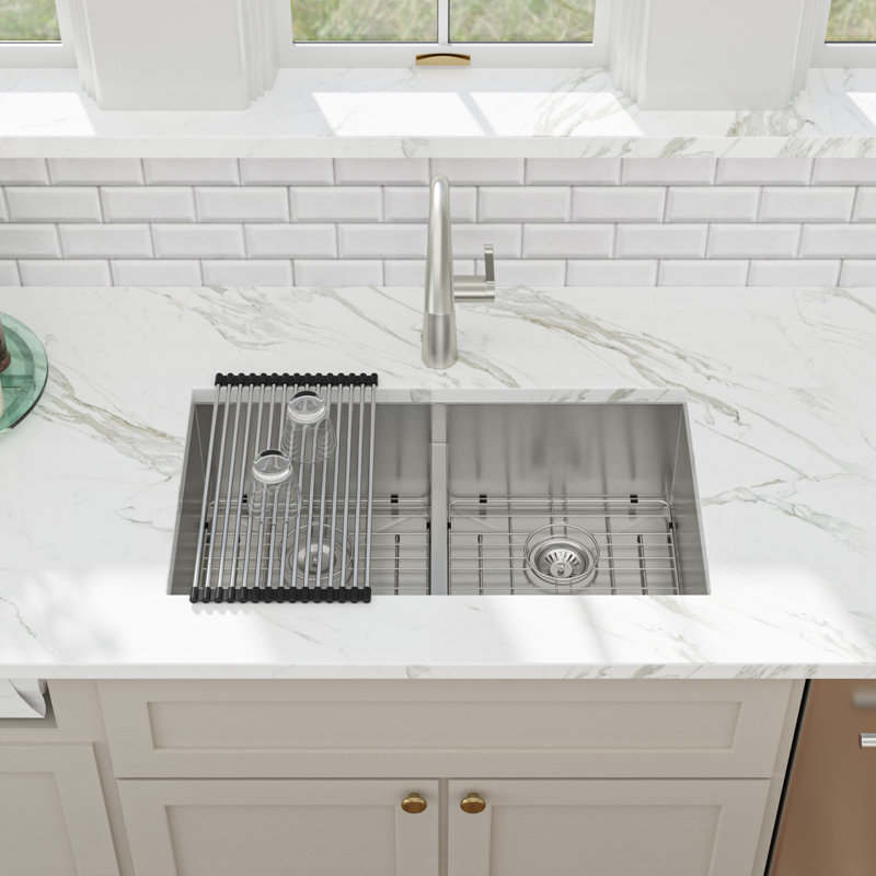 33" L x 19" W Stainless Steel Undermount 50/50 Double Bowl Kitchen Sink with Low Divider, Sink Grid, Strainer & Roll-Up Rack
