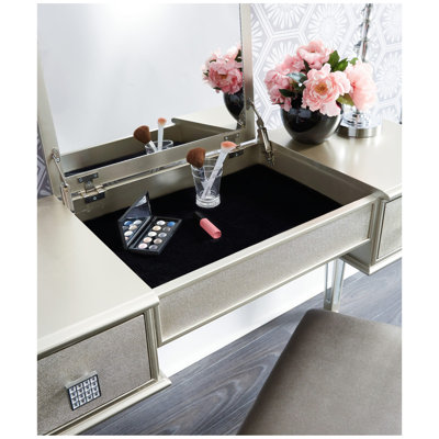 Mirrored Vanities Desk with Drawers, Bedroom Makeup Vanity Table Set with Mirror and Stool, Flip Up Dressing Table for Bedroom/Makeup Room, Working Desk for Women, Girl Furniture Combo