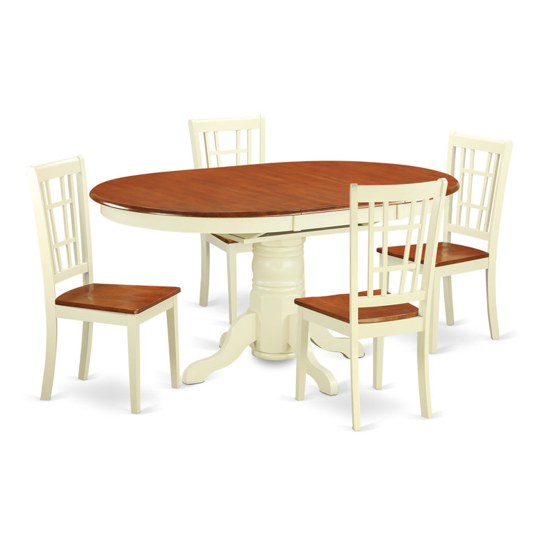 L'ensemble de 5 pièces pour 4 pièces comprend une table de salle à manger ovale avec rallonge papillon et 4 chaises de cuisine, babeurre et cerise