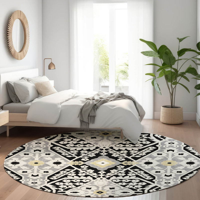 Premium Machine Washable Prisco Black Rug, Round 8'