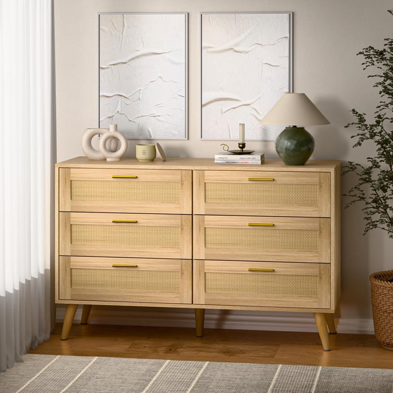 6-Drawer Wooden Rattan Dresser – Modern Boho Storage Chest with Golden Handles