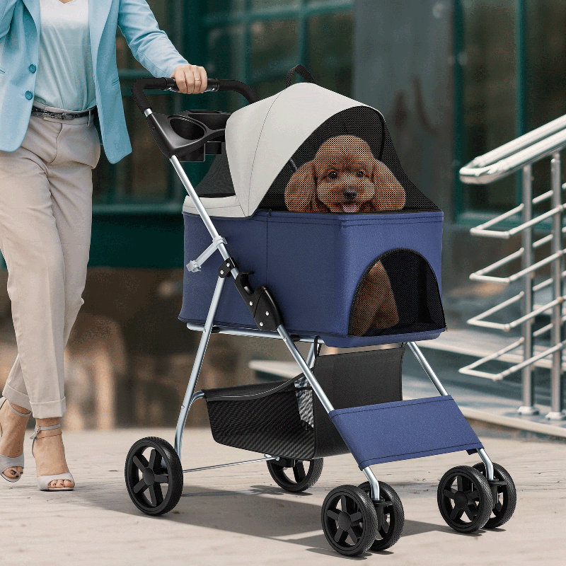 Poussette pliable 3-en-1 avec panier de rangement pour chien, Bleu