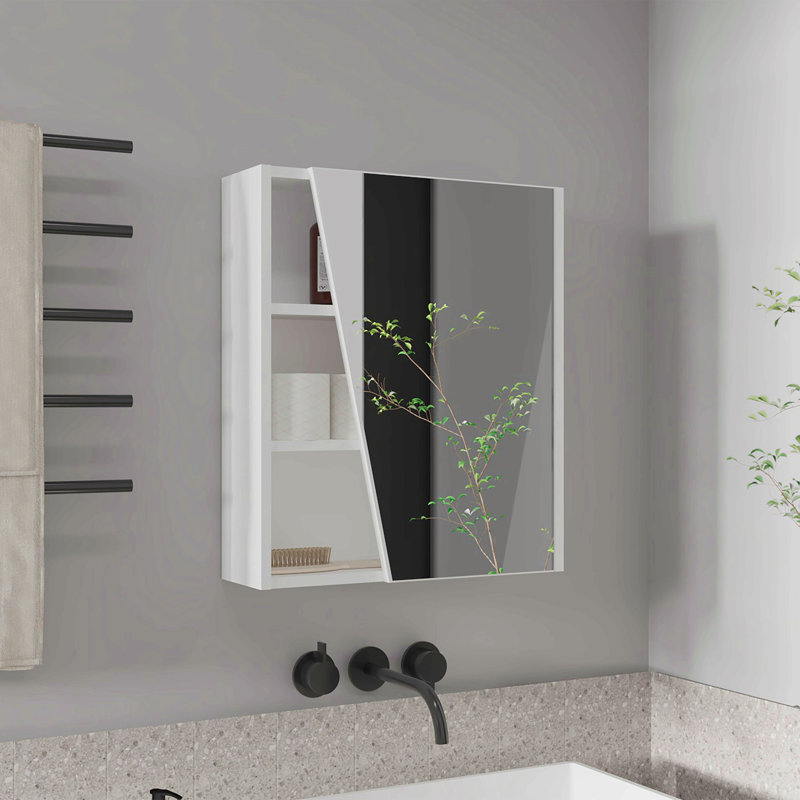 Armoire à pharmacie murale à miroir avec une porte et quatre compartiments ouverts, blanc