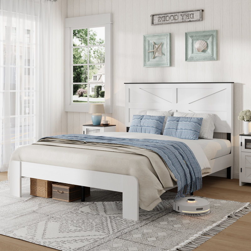 Farmhouse Queen Size Bed Frame with Headboard, Wooden Platform Bed Frame with Metal Slats，White, Queen, White