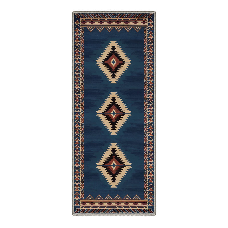 Abrahamson Vega Geometric Machine Washable Blue / Brown Indoor Area Rug with Non-Slip Backing, Runner 2'6" x 8'