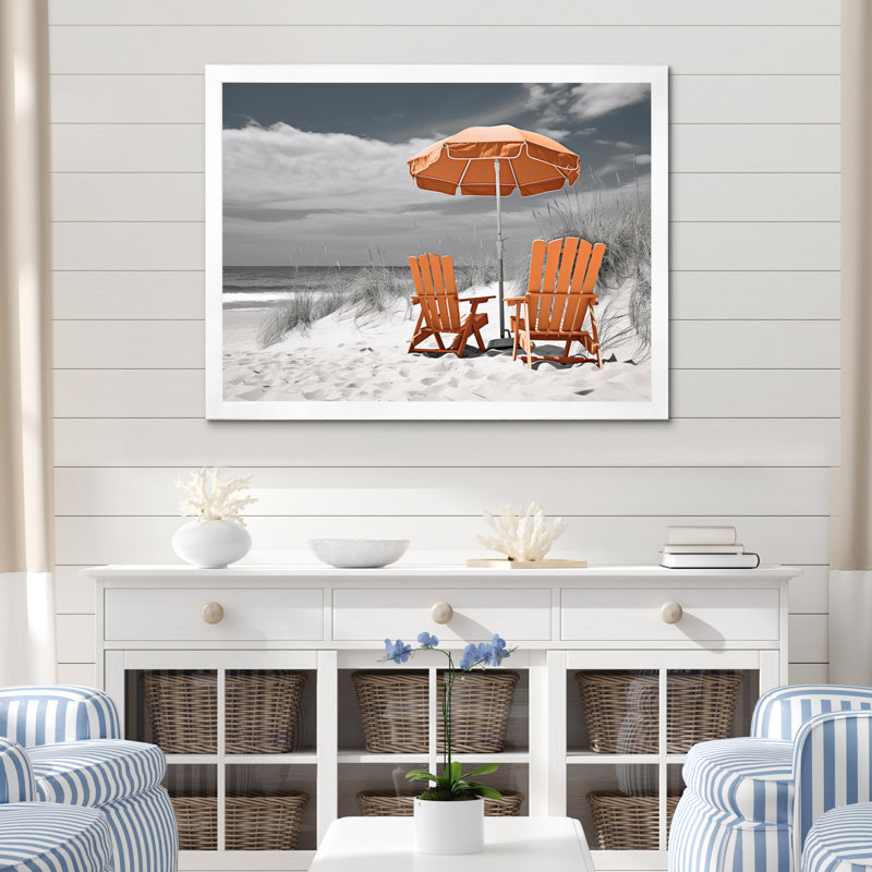Plage, bord de mer, nostalgie noire III - impression, Cadre simple blanc, H 16 po x l 32 po x P 1 po