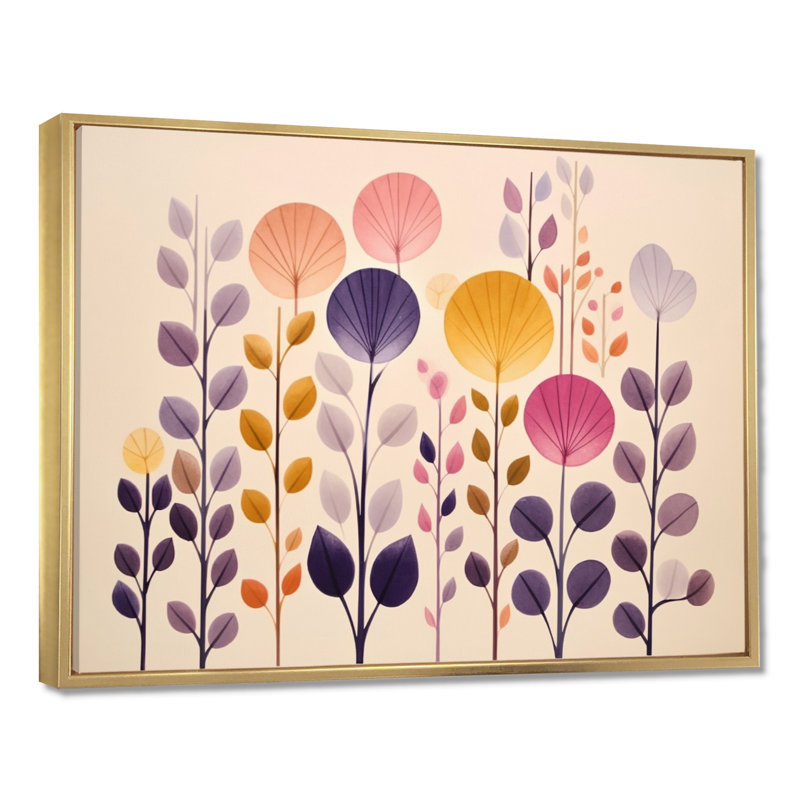 Paysage floral rétro jaune mauve - botanique, art mural, Cadre flottant doré, H 16 po x l 32 po