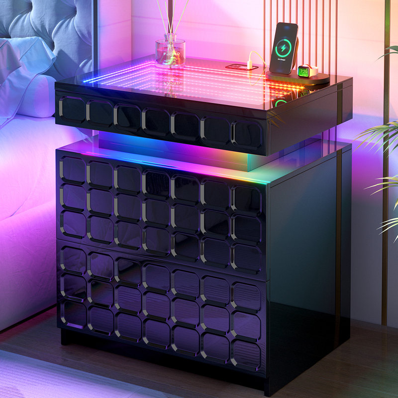 50cm W Bedside Table with 3D Mirror Abyss and Sensor RGB Lighting, 2-Drawer Bedside Table with Hidden Storage And Lockable