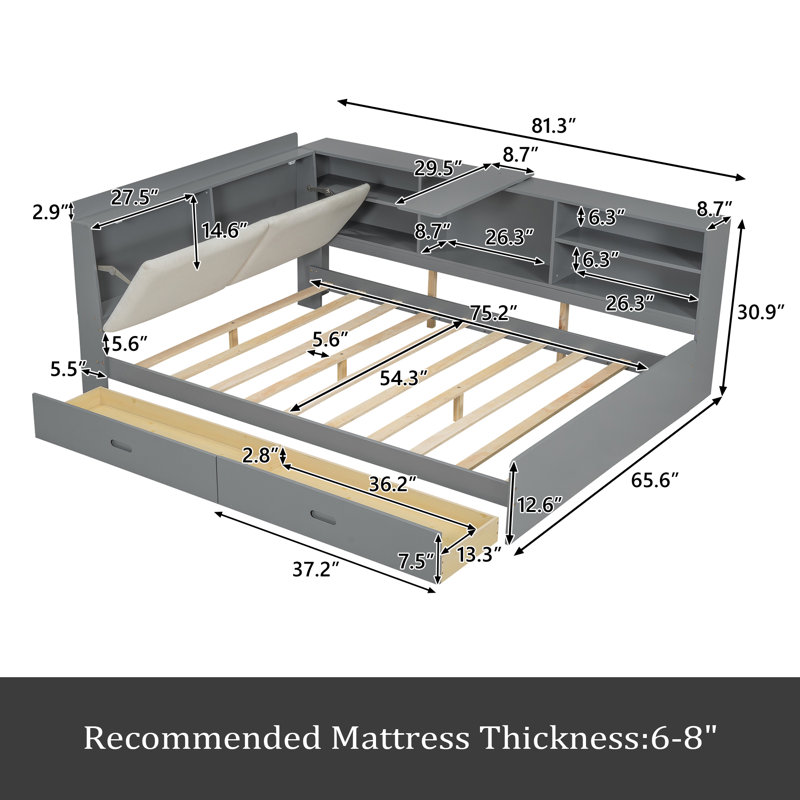 Lit plateforme en bois avec tête de lit, tablettes et 2 tiroirs, Gris
