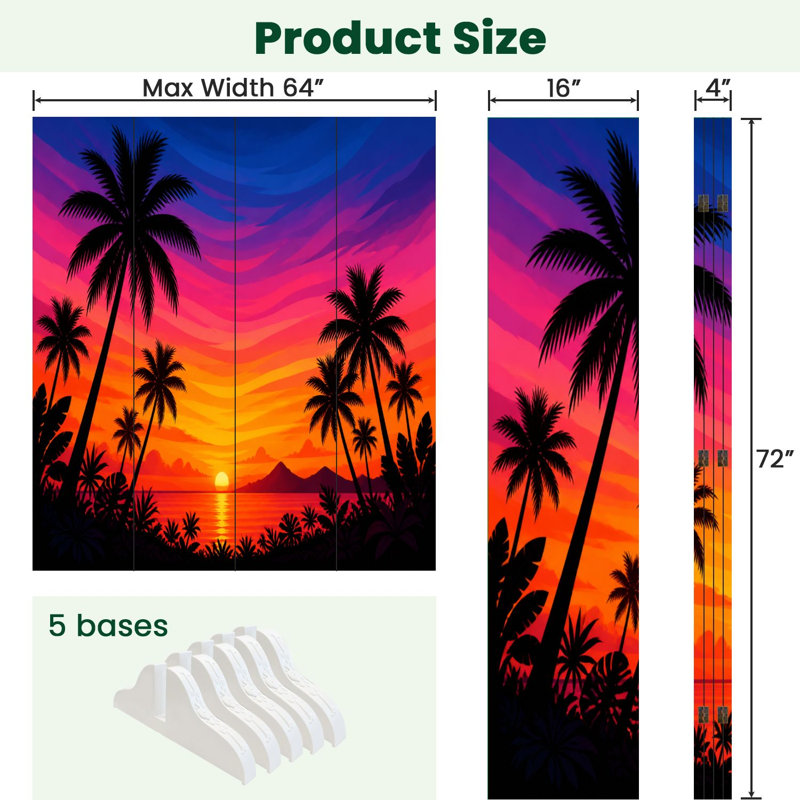4 panneaux de paravents pliables Royal Vibrant Tropical Sunset silhouettes de palmiers océan toile écran séparateur de cloison de protection autoportante cloison d'intimité pour salle de bain