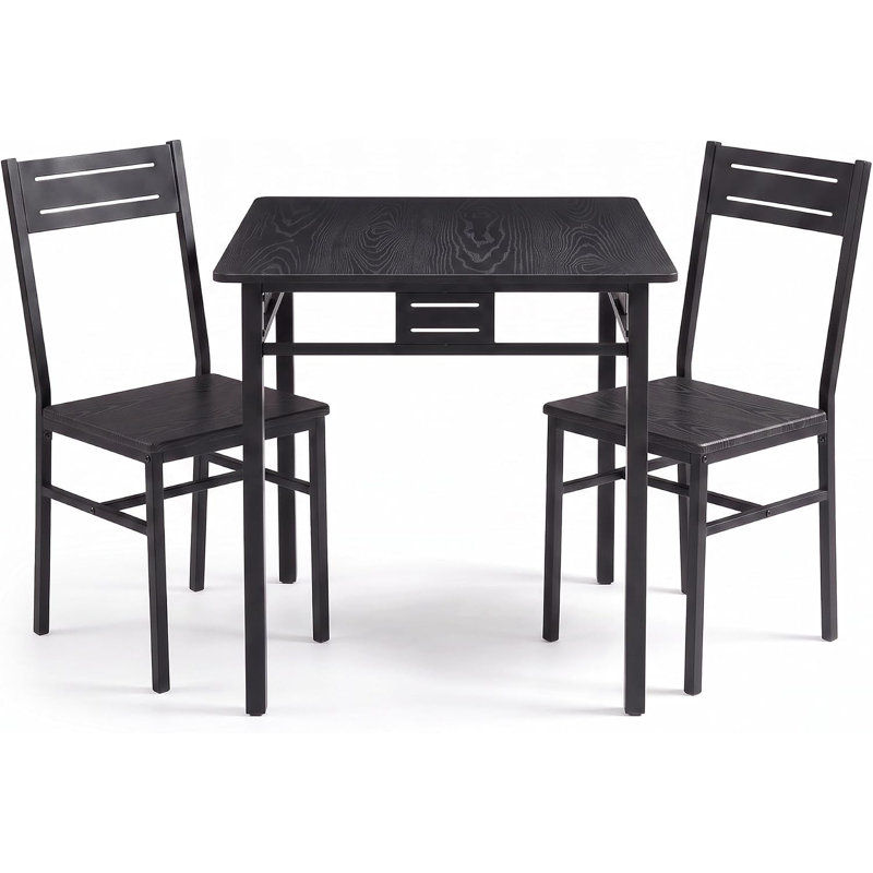 Ensemble de table et chaises carrées compactes 3 pièces pour 2 personnes, Grain de bois noir