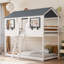 Lit superposé simple au-dessus d'un lit simple en bois avec toit, fenêtre, garde-corps et échelle (blanc)