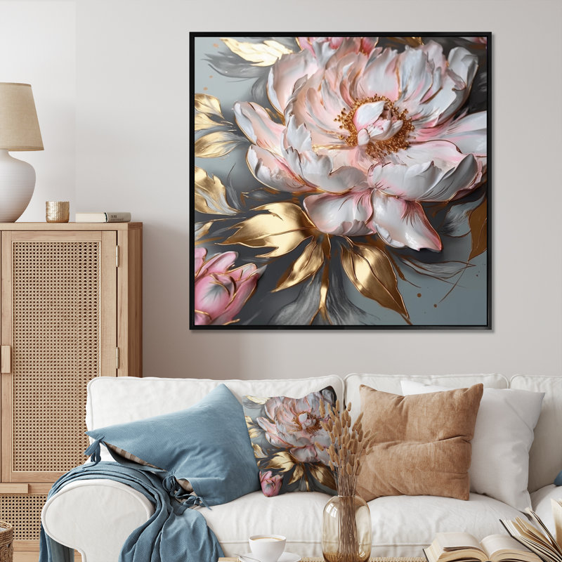 Pivoines roses et grises élégance IV - impression, Cadre photo noir, H 16 po x l 16 po x P 1 po