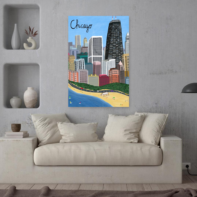 Chicago City With Beachfront On Lake Michigan By Artist Carla Daly Abstract Contemporary Architecture Beach Wall Art 1 Piece Wrapped Canvas Wall Art