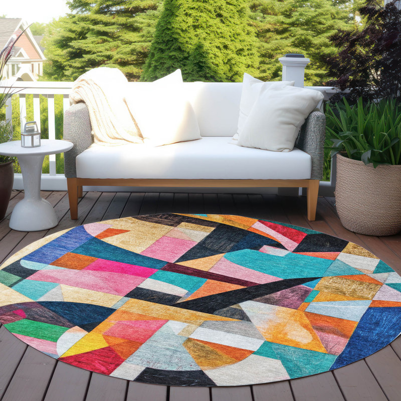 Tapis bleu intérieur / extérieur lavable à la machine Xhevrie, Rond 8 pi