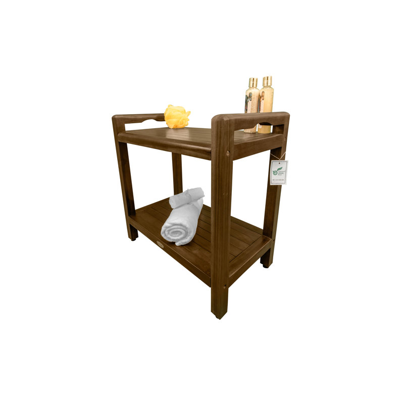 Woodland Brown Teak Shower Bench with LiftAide Arms and Shelf