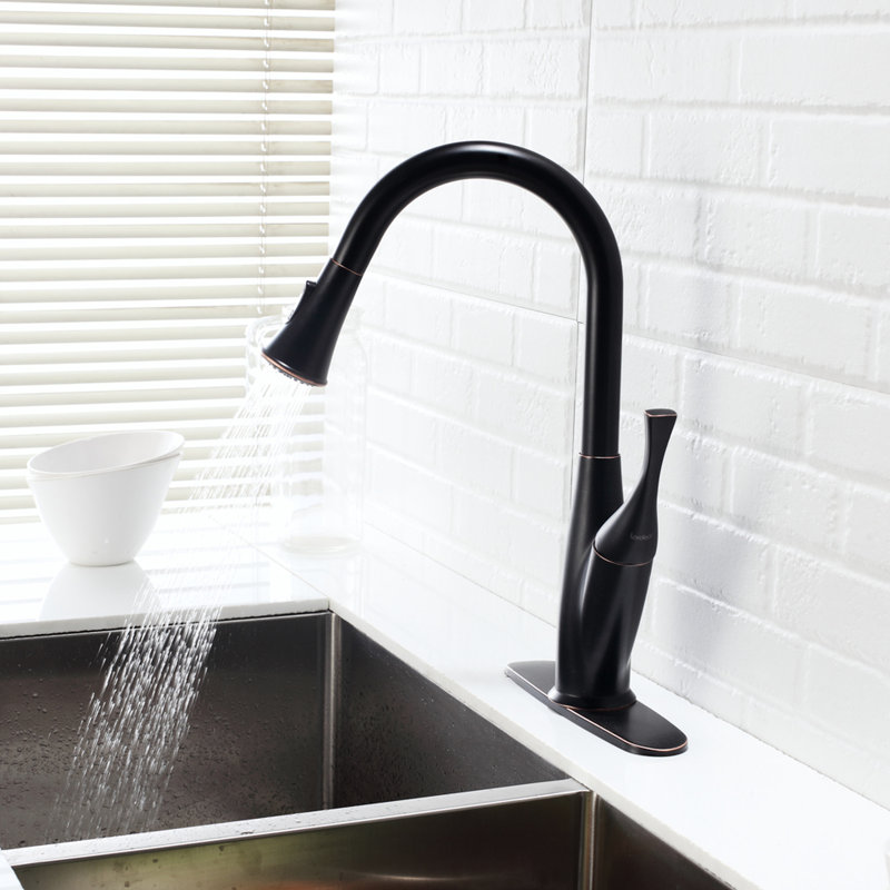 Pull Out Kitchen Faucet In Oil - Rubbed Bronze, Clean And Modern Appearance, Resists Tarnish, Single Handle Control, Nozzle Self Retracting, Sink Or Countertop Mount, Dual Spray Functions Bronze For