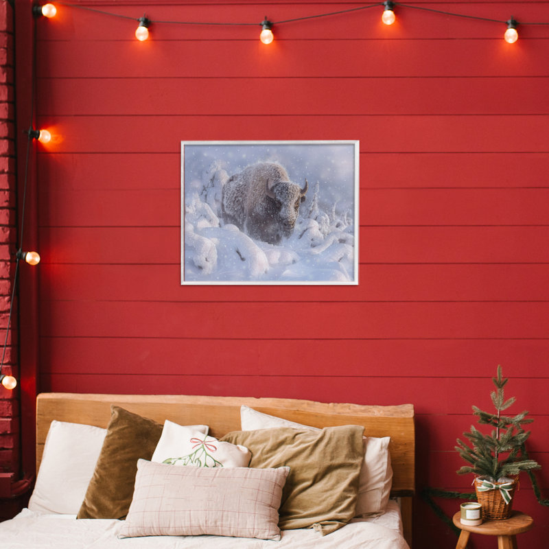 Bison d'hiver en giclée profonde, design par Collin Bogle, H 11 po x l 14 po, Estampe numérique encadrée blanc bord de mer