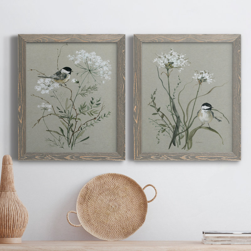 Bouquet Of Grace Bird I - ensemble de 2 peintures sur toile encadrées, H 24 po x l 36 po x P 1,5 po, Encadré gris