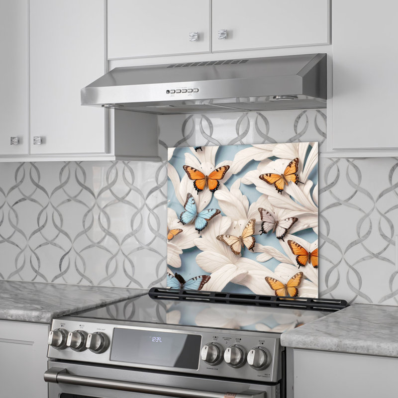 Fluttering Grace Tempered Glass Backsplash Wall Art - Kitchen Wall Decor, 12" H x 17" W x 0.5" D