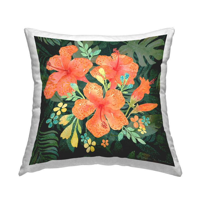 Coussin décoratif à motif de fleurs tropicales d'hibiscus par Rebecca Canale