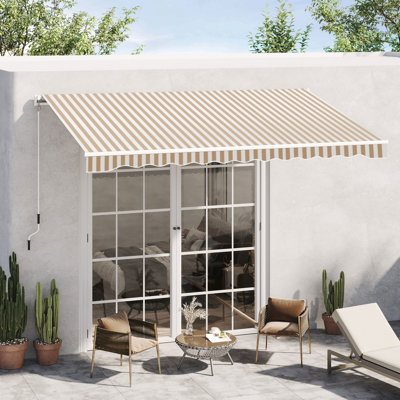 Parasol 13 'x 8' pour patio - protégé, eau, manivelle manuelle, structure en aluminium, terrasse, balcon, cour, auvent rétractable à rayures beiges, avec auvent de fenêtre,