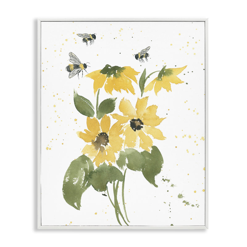 «Bumble Bees & Daisies», art de la giclée encadrée par Lucille Price, H 14 po x l 11 po, Blanc