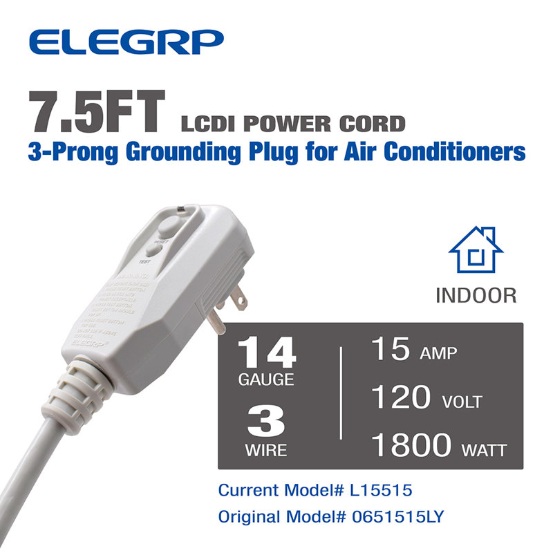 7.5ft White PVC Air Conditioner Power Cord with LCDI Plug