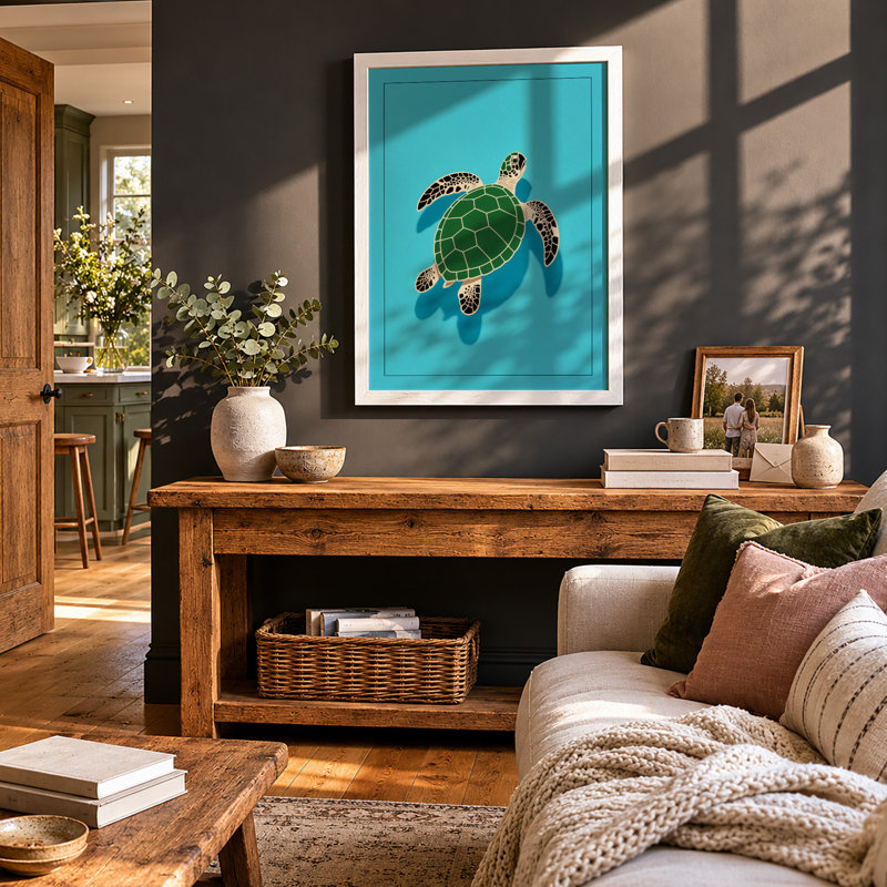 Turtle in Open Water Coastal - Framed Print, A2 - 59.4 x 42.0 cm, White