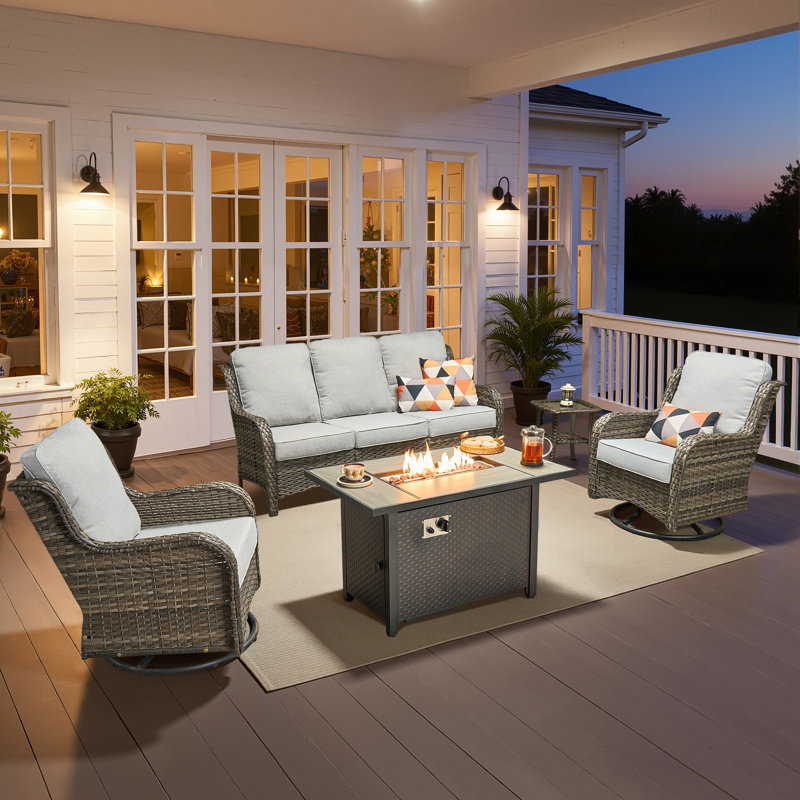 5 - Person Wicker Outdoor Conversation Set, Patio Sofa & Swivel Chair Set with Fire Pit and Cushions, Gray Cushion/Gray Frame