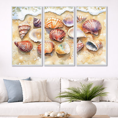Seashell, art mural, décor sur toile plage - coquillages sur rivage sablonneux, ensemble de 3 toiles encadrées décoratives bord de mer