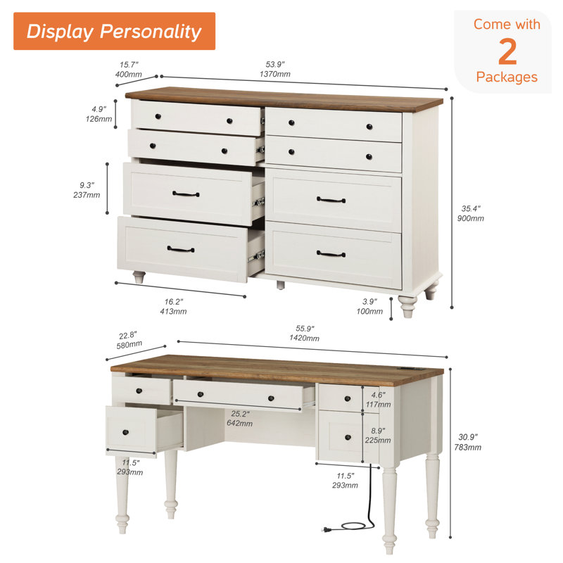 2 Piece Office Set, 56" Executive Writing Desk & 8 Drawer Dresser, Off White