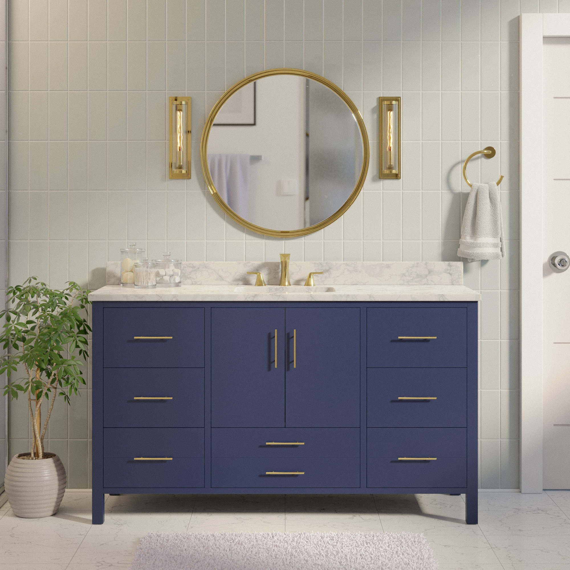 Kiara 60'' Single Bathroom Vanity, Royal Blue, Carrara Marble