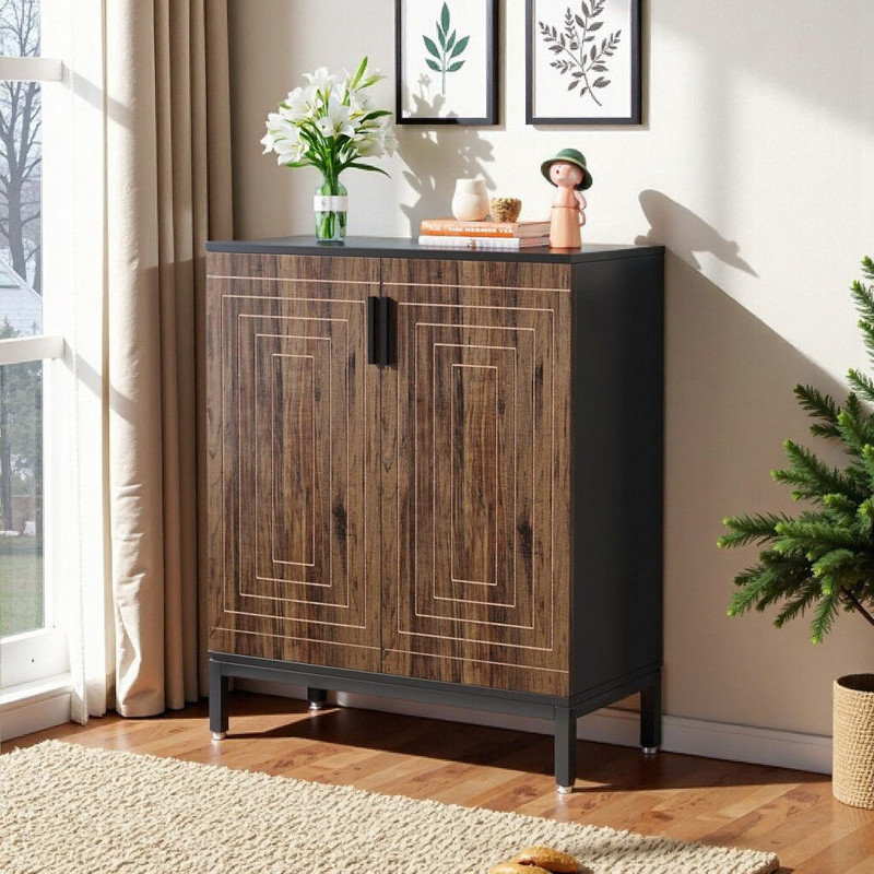 Geometric Shoe Cabinet Entryway Storage With 5 Adjustable Tiers, Brown+Black