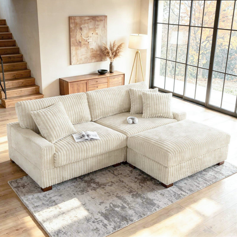 Canapé modulaire rembourré 3 pièces en flanelle de fourrure de lapin blanche avec coussins décoratifs et repose-pieds 3 pièces