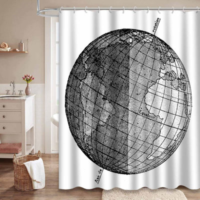 Waterproof World Map Vintage Globe Shower Curtain with 12 Hooks