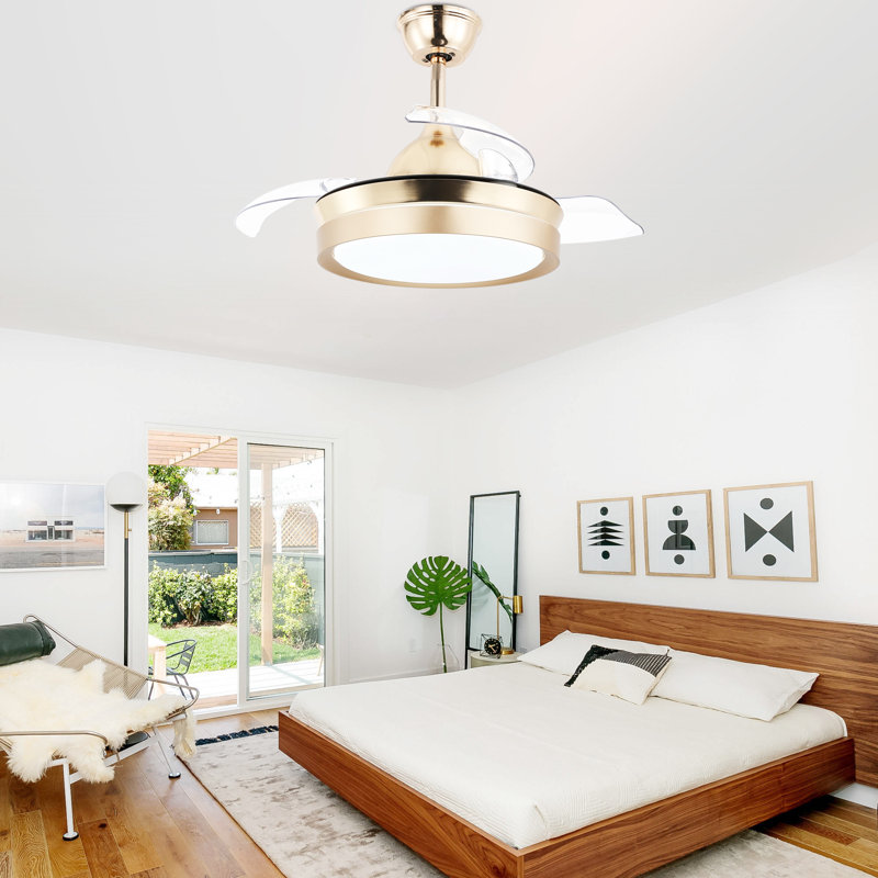 36" Invisible 3-Blade Retractable Ceiling Fan with LED Light and Remote Control, Gold