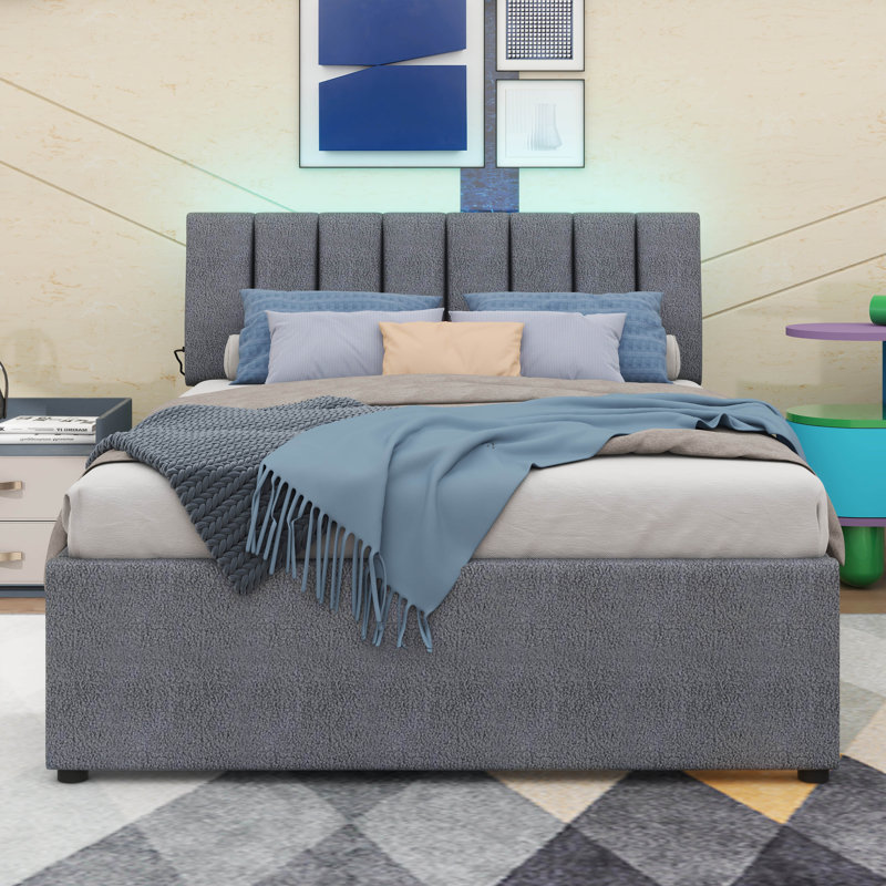 Lit plateforme rembourré Teddy, Gris, Lit double