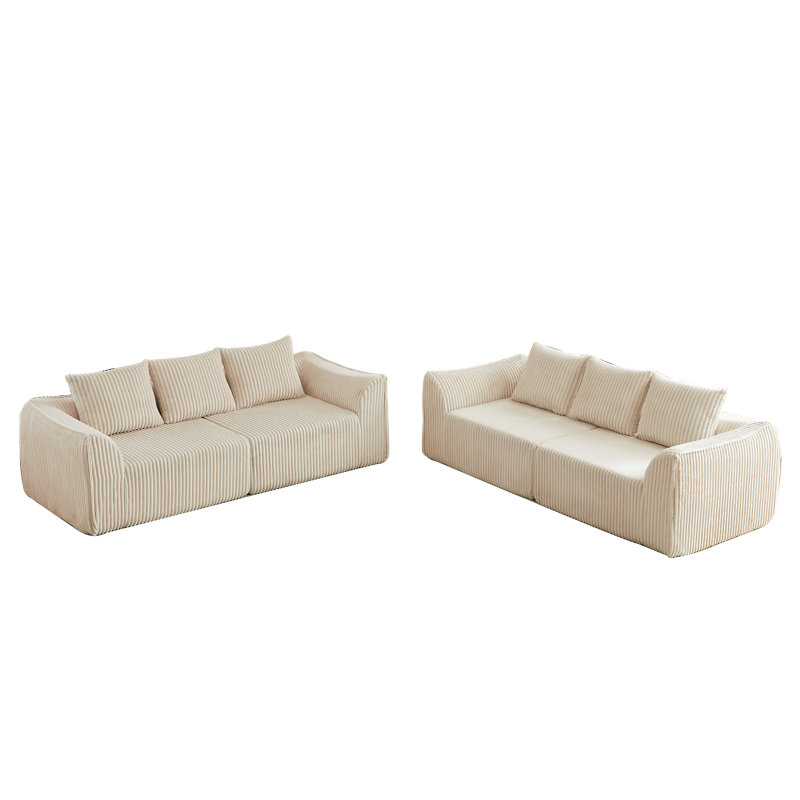 Ensemble de canapé Minimalist 3 + 3 places en velours côtelé avec lignes courbes et dossier légèrement incliné, livré avec 6 coussins décoratifs en forme de corne beige