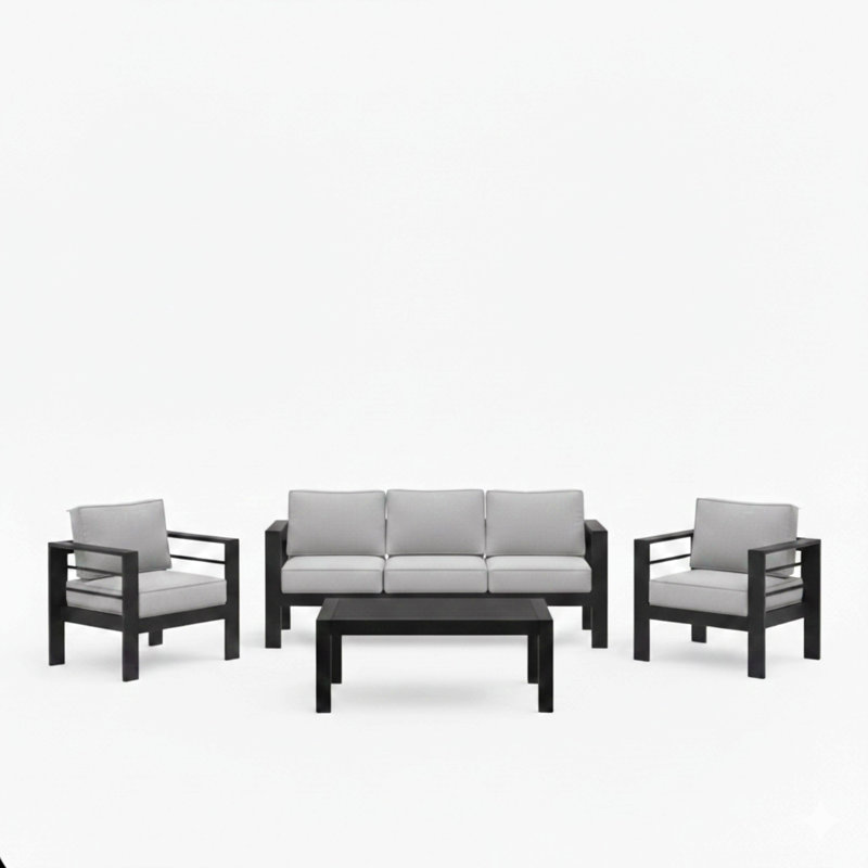 All-Weather 4-Piece Modern Metal Patio Furniture Set,  5-Seat Conversation Sofa With Thick Cushions & Frame And Coffee Table