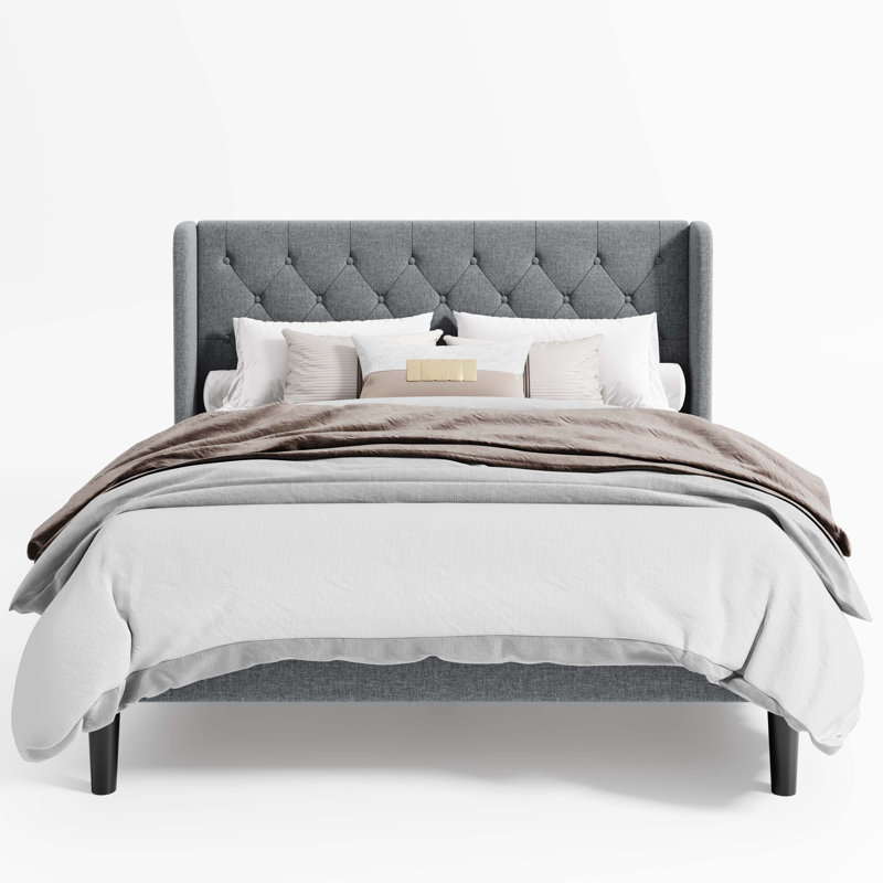 Hilbert Upholstered Low Profile Platform Bed Frame with Headboard, Full/Double, Light Grey