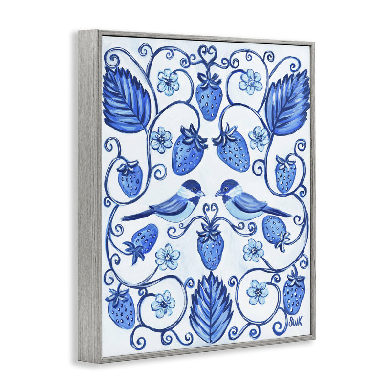Fraise bleue avec oiseaux, estampe numérique, design par Sarah Waldron Kimball, H 14 po x l 11 po