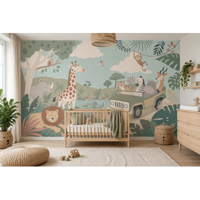 Papier peint mural pour chambre d'enfant, motif d'animaux de safari pastel et jungle