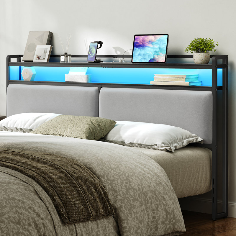 Makieh Upholstered Headborad with Charging Station and Led Lights, King
