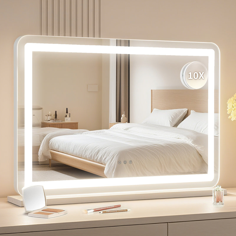 Miroir de maquillage lumineux avec grossissement 10X, commande tactile intelligente, miroir de coiffeuse 2-en-1 fixé au mur de table