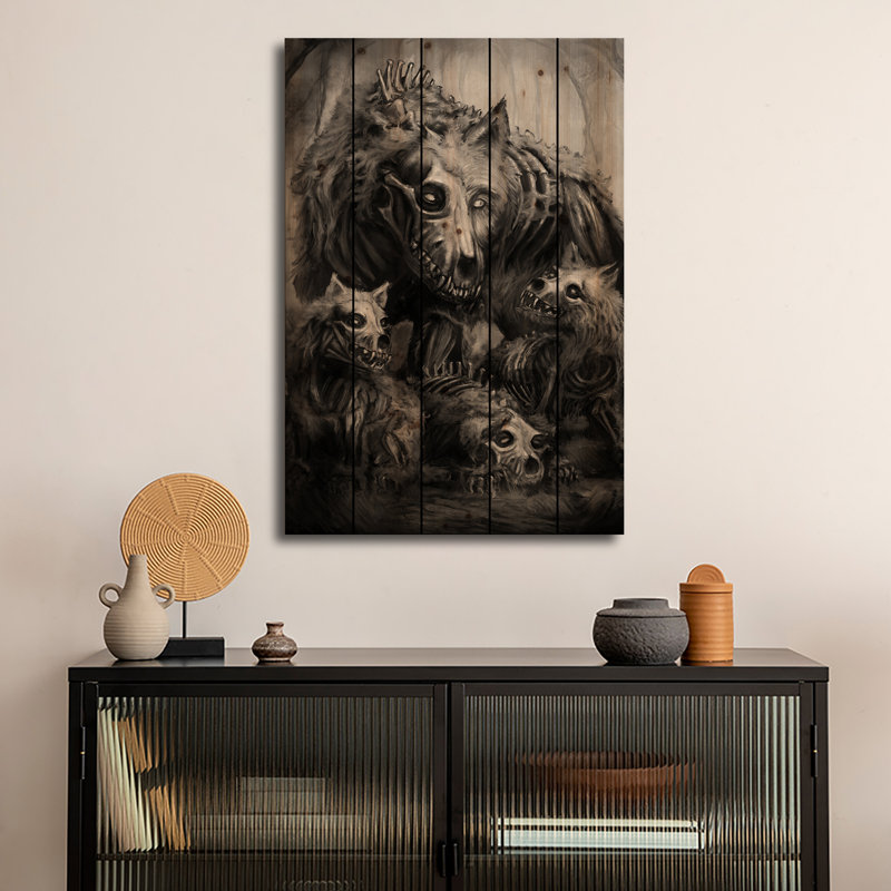 Reproduction d'art mural en bois - Loup des enfers par Tero Porthan, H 26 po x l 18 po
