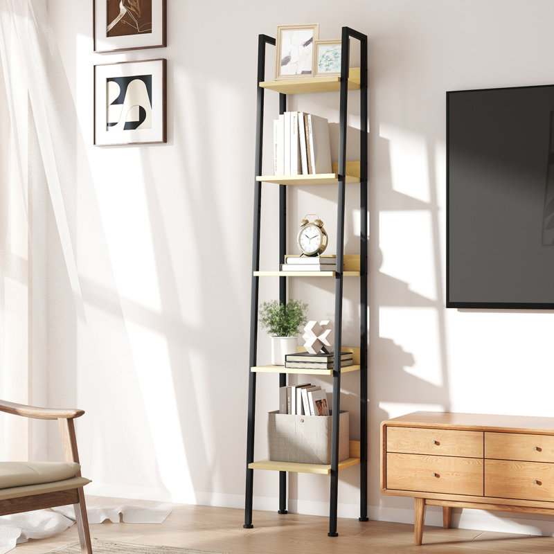 Ladder Bookcase, 5 Tier 13.5" Wide Steel Frame Storage Shelf, Anti-Tip, Natural Oak