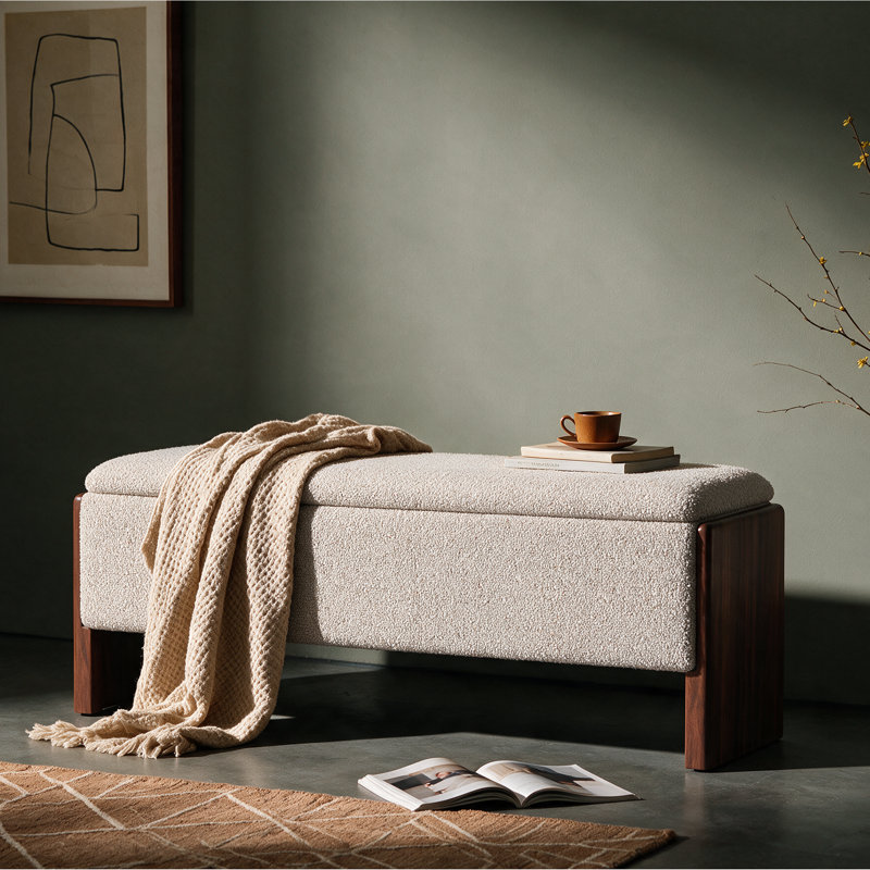 Banc de rangement rembourré bouclé de 42,5 pouces avec pieds en bois massif, Beige